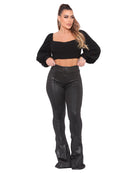 Calça Flare Premium Feminina Cintura Alta – Compressão e Brilho Elegante