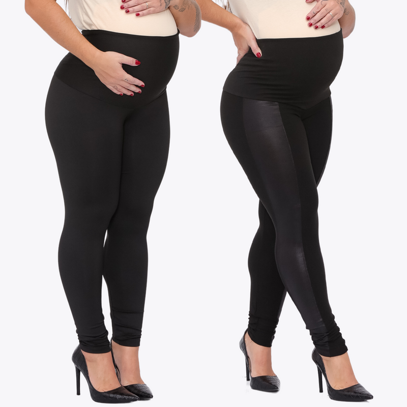 Kit 2 Calças Maternidade: Montaria Cirrê Gestante + Legging Preta (Zero Transparência)