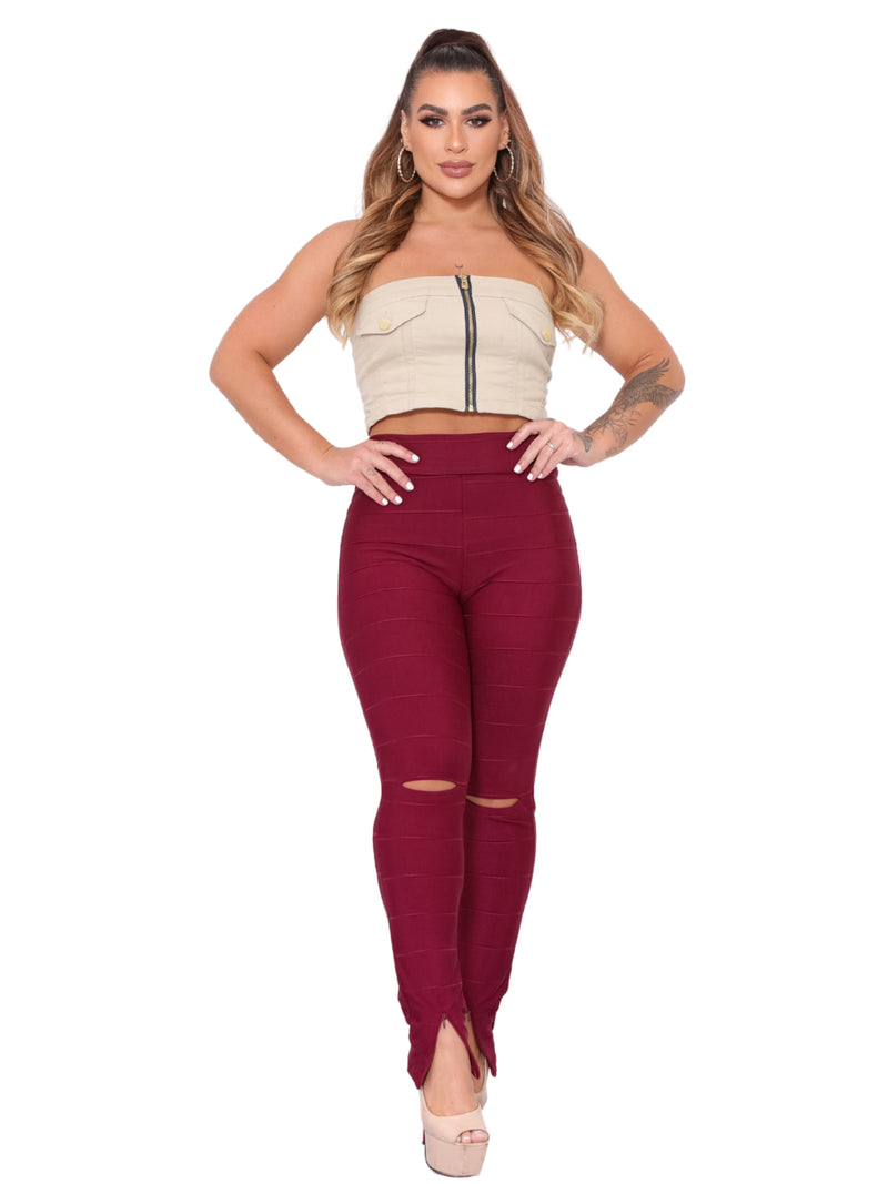 Calça Legging Bandagem Skinny Diversas Cores | Zíper na Perna | Rasgo no Joelho