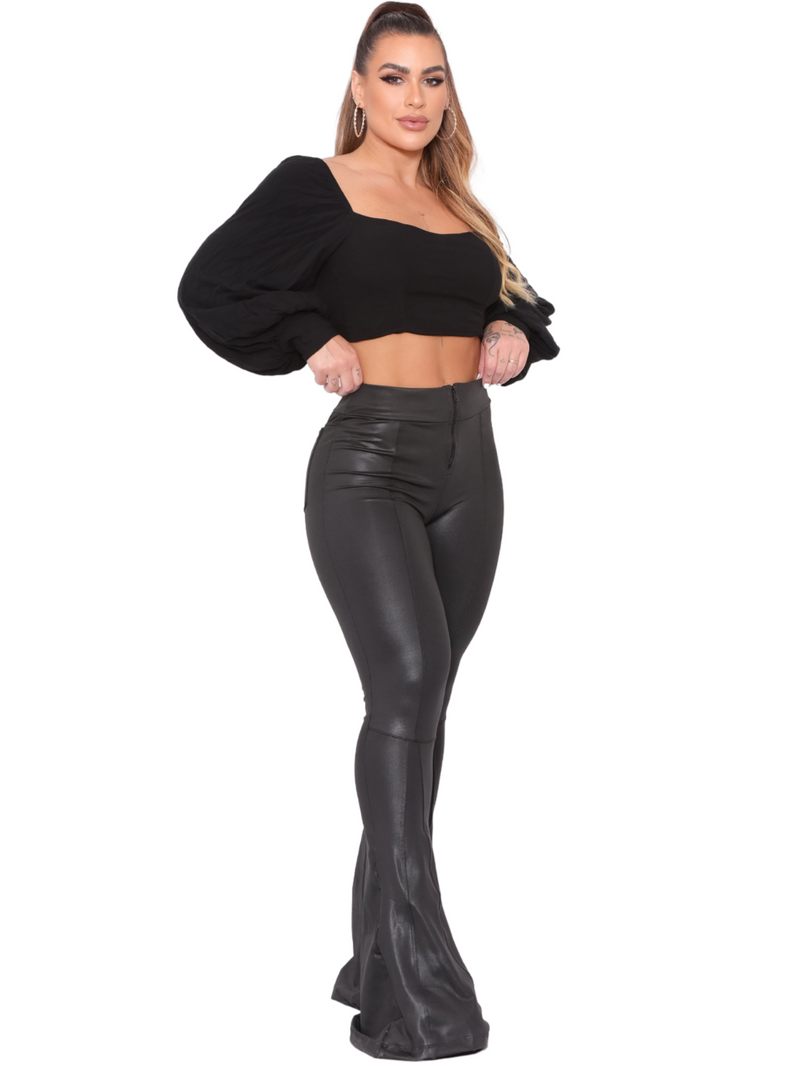 Calça Flare Premium Feminina Cintura Alta – Compressão e Brilho Elegante
