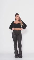 Calça Flare Premium Feminina Cintura Alta – Compressão e Brilho Elegante